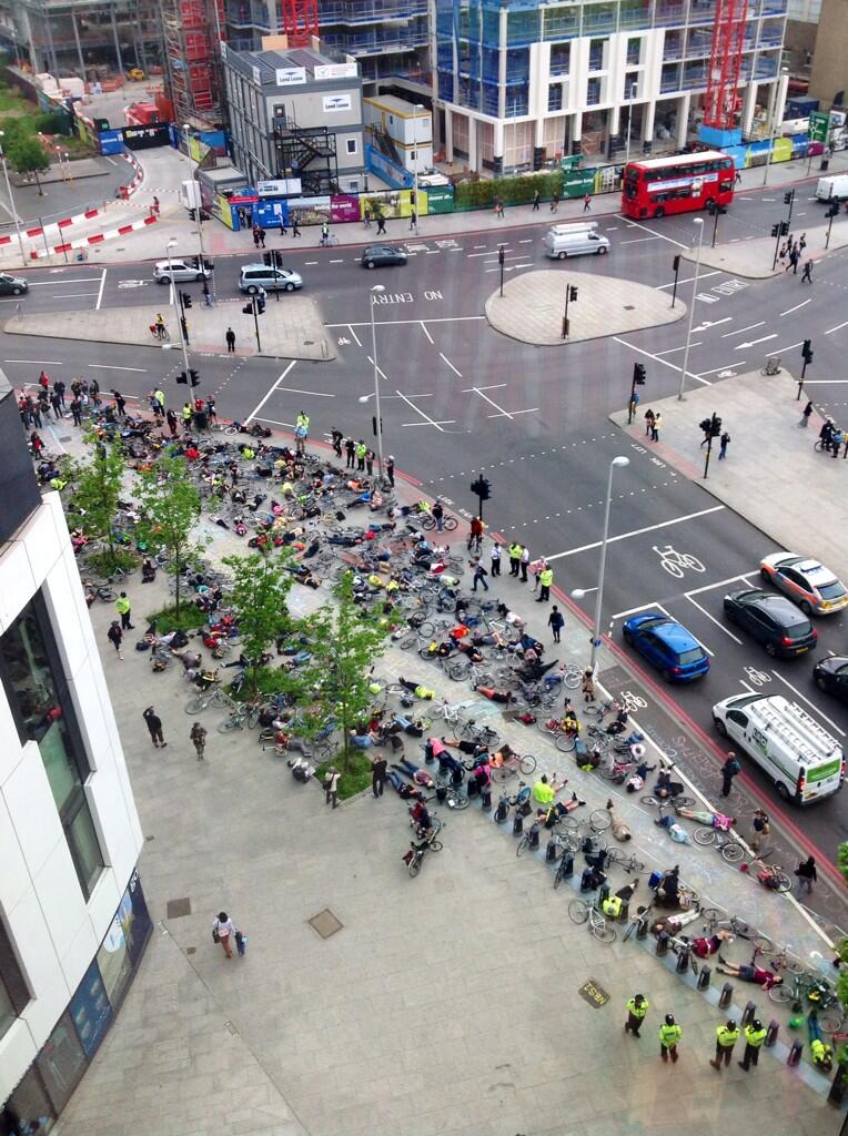 Stop Killing Cyclists hold their third die-in at Elephant & Castle outside the Strata building (photo by Sean O'Sullivan)