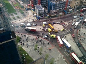 Emergency services attend to a crash at the Elephant and Castle roundabout in London on 13th May 2014. Photo by Nyron Gopeesingh, used with permission.